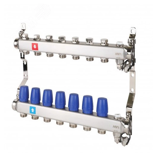 Коллекторная группа с ручными регулировочными клапанами 1' х 7 выходов 3/4' НР евроконус с дренажным краном и воздухоотводчиком