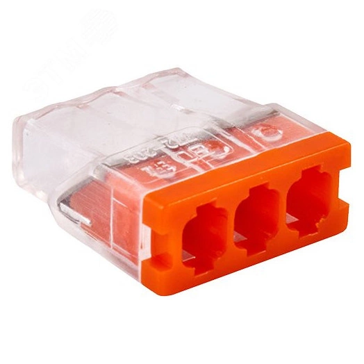 Клемма соединительная  3-контактная ED 772-203 с контактной пастой Elеctrodeel. Диапазон сечений 0,5-2,5 мм2. Номинальный ток/напряжение: 24А/450В.