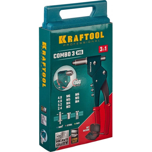 Комбинированный поворотный заклепочник 360 град. в кейсе, 3 вида заклёпок, Combo3-M6