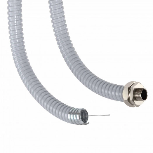 Металлорукав DN 15мм в герметичной ПВХ изоляции, Dвн 15,5 мм, Dнар 19,5, с протяжкой, 50 м, цвет серый