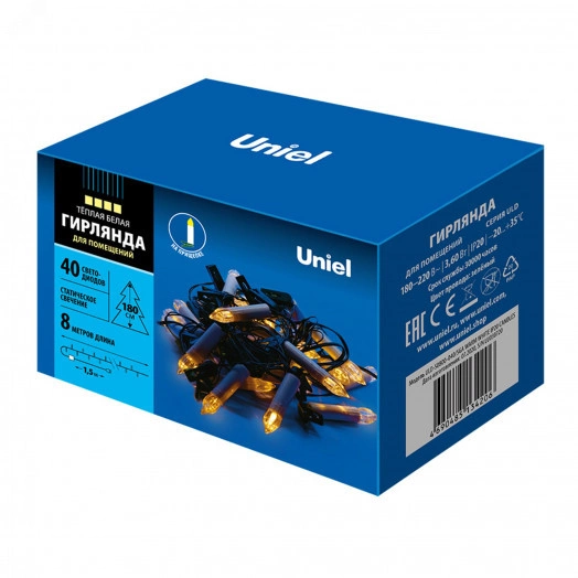 Гирлянда светодиодная Свеча 8м 40 светодиодов Теплый белый свет Провод зеленый ULD-S0800-040/SGA WARM WHITE IP20 CANDLES