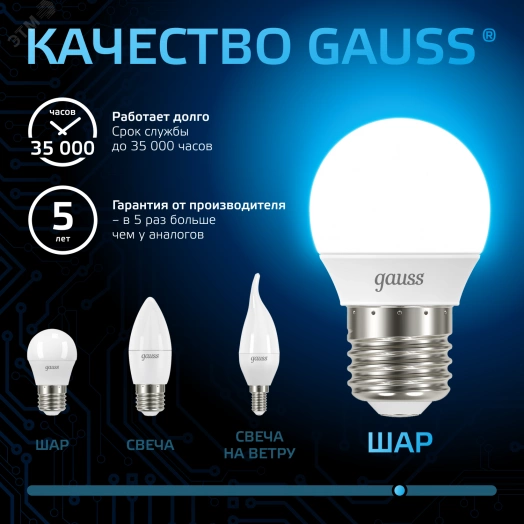 Лампа светодиодная LED 6.5 Вт 550 лм 6500К AC150-265В E27 шар P45 холодная  Black Gauss