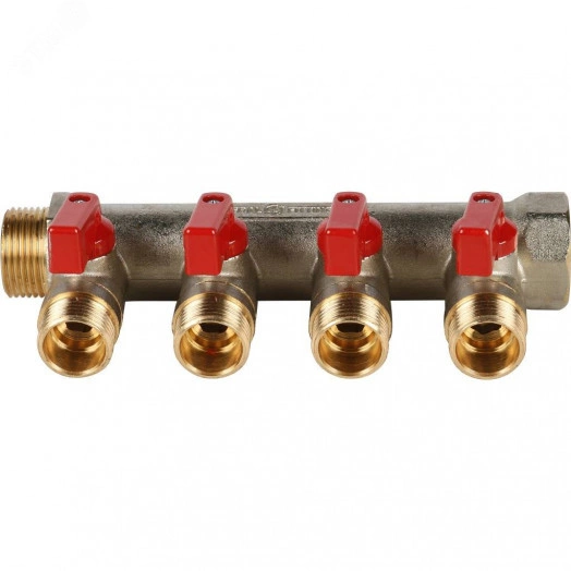 Коллектор с шаровыми кранами 3/4', 4 отвода 1/2' (красные ручки)