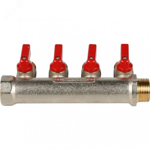 Коллектор с шаровыми кранами 3/4', 4 отвода 1/2' (красные ручки)