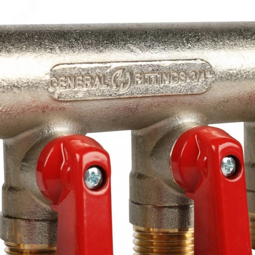 Коллектор с шаровыми кранами 3/4', 4 отвода 1/2' (красные ручки)