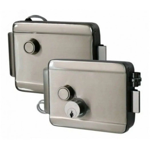 Замок накладной, НЗ, универсальный DIN, цилинр снаружи и изнутри, кнопка изнутри (блокировка кнопки), питание 12VDC/1А, -40град.+50град.С, никелированная сталь.