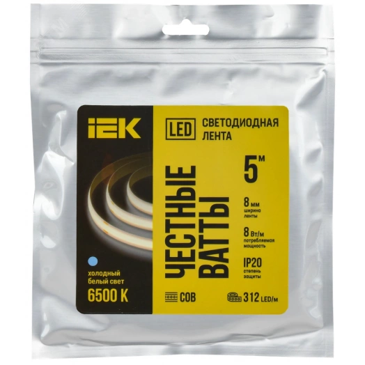 Лента LED 5м COB-312LED 8Вт/м IP20 8мм 24В 6500К IEK