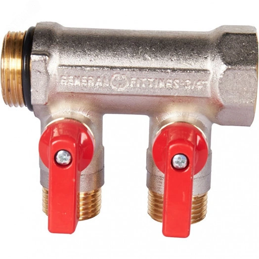 Коллектор с шаровыми кранами 3/4', 2 отвода 1/2' (красные ручки)