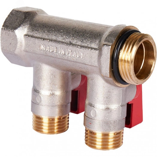 Коллектор с шаровыми кранами 3/4', 2 отвода 1/2' (красные ручки)