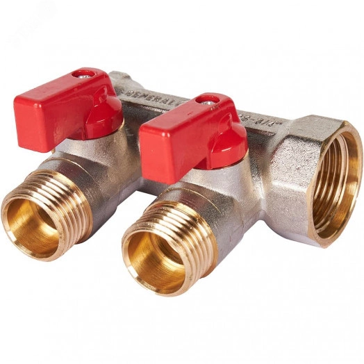 Коллектор с шаровыми кранами 3/4', 2 отвода 1/2' (красные ручки)