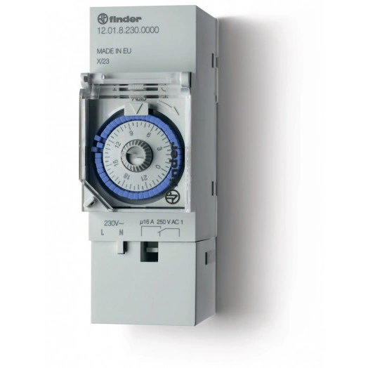 Реле времени механическое суточное, монтаж на рейку 35мм, 1NO 16A, питание 230В АC, ширина 17.6мм, без резервн.источника питания, степень защиты IP20