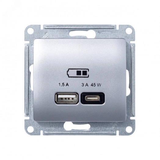 GLOSSA USB РОЗЕТКА A + тип-C 45W высокоскор.заряд. QC, PD, механизм, АЛЮМИНИЙ