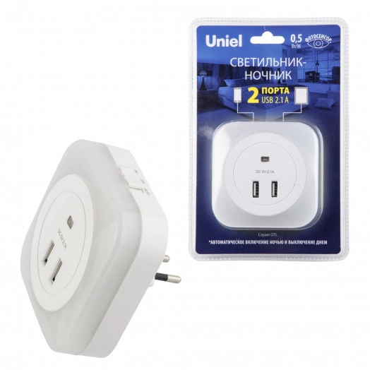 Светильник ночник с фотосенсором (день-ночь) DTL-321 2USB Белый ТМ