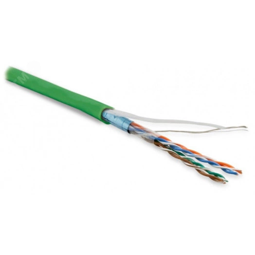 Витая пара. экранированный F/UTP. общий экран фольга. категория 5e. 4 пары 26 AWG. 4х2х0.48 мм многопроволочные жилы. LSZH. нг(А)-HF. внутренний (305 м)-20 град. Цельсия  +75 град. Цельсия. зеленый