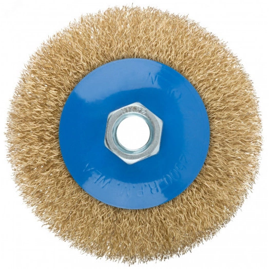 Кордщетка, тип ''колесо'' с наклоном, гайка М14, стальная волнистая латунированная проволока 100 мм