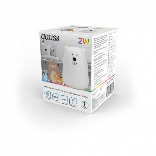 Светильник-ночник светодиодный детский LED 2 Вт модель белый с Li-ion аккумулятором и USB разъемом медведь NN Gauss