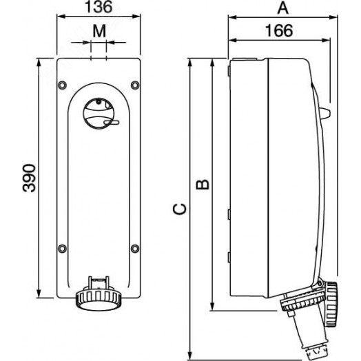 Розетка наружной установки IP67 63А 3P+E+N 400В с механической блокировкой и боковым расположением разъема