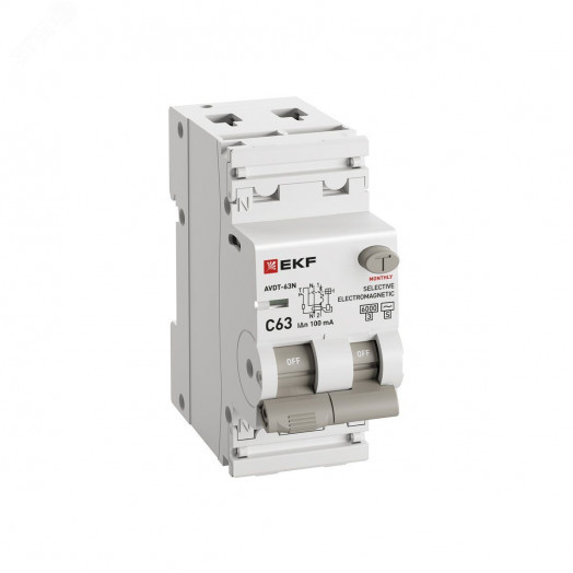 Выключатель автоматический дифференциальный  АВДТ-63N 1P+N 63А (C) 100мА (AC-S) эл-мех 6кА PROXIMA EKF