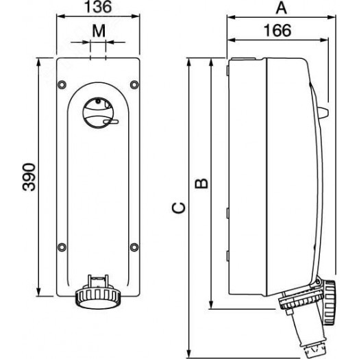 Розетка наружной установки с механической блокировкой и боковым расположением разъема IP67 63