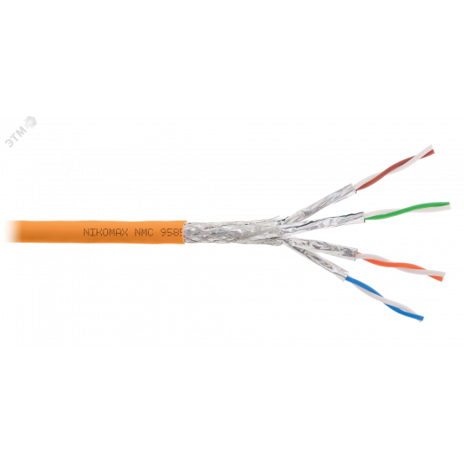 Кабель S/FTP 4 пары, Кат.8 (Класс I), тест по ISO/IEC, 2000МГц, одножильный, BC (чистая медь), 22AWG (0,62мм), полимерный материал нг(А)-HF, внутренний, оранжевый, 500м