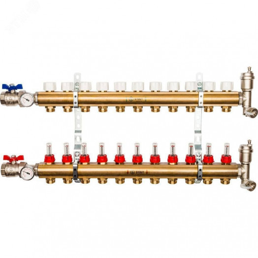 Коллекторная группа латунная 1' на 11 выходов со встроенными расходомерами