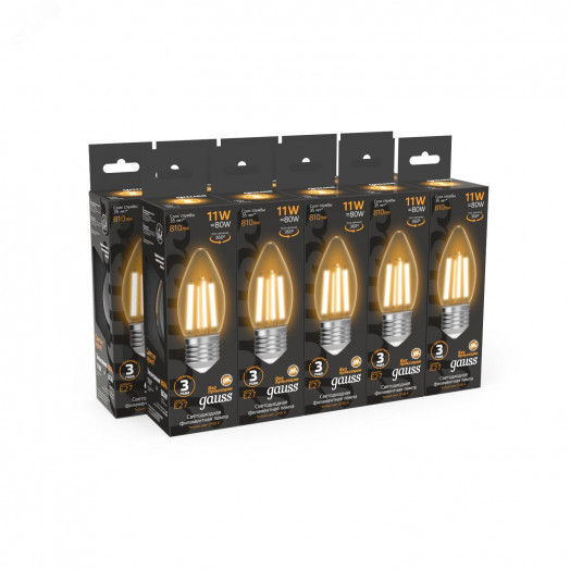 Лампа светодиодная филаментная LED 11 Вт 810 лм 2700К AC210-240В E27 свеча теплая  Black Filament Gauss