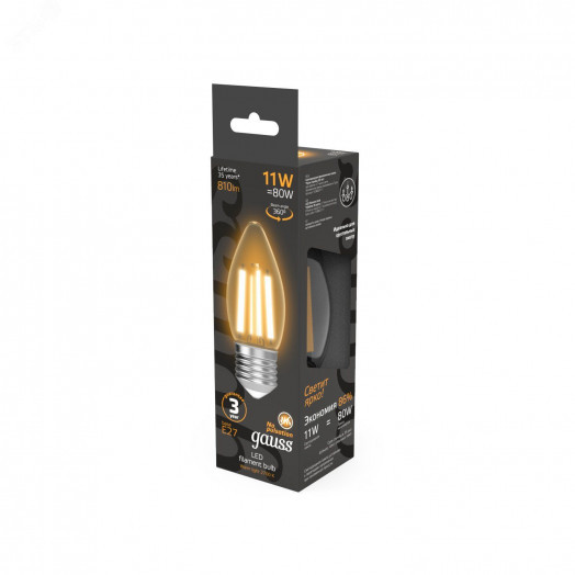 Лампа светодиодная филаментная LED 11 Вт 810 лм 2700К AC210-240В E27 свеча теплая  Black Filament Gauss