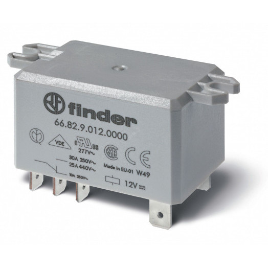 Реле силовое электромеханическое, монтаж в наконечники Faston 250 (6.3x0.8мм), 2CO 30A, контакты AgNi, катушка 230В AC, степень защиты RTII, УХЛ4, монтажный фланец, опции: нет