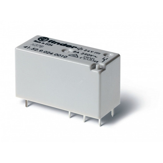 Реле низкопрофильное миниатюрное электромеханическое, монтаж на печатную плату, выводы с шагом 5мм, 2CO 8A, Контакты AgNi+Au, катушка 110В DС, влагозащита RTIII