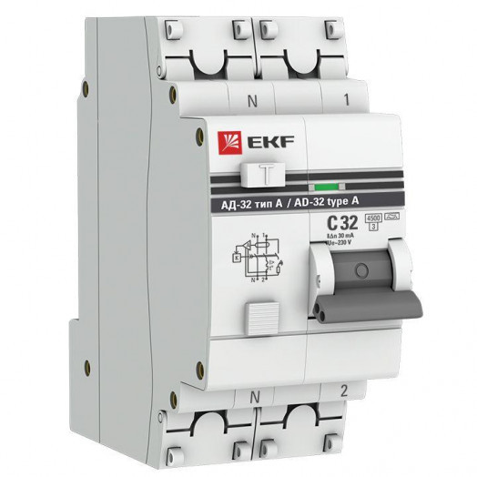 Выключатель автоматический дифференциального тока 2п 32А 30мА тип A АД-32 PROxima EKF DA32-32-30-a-pro