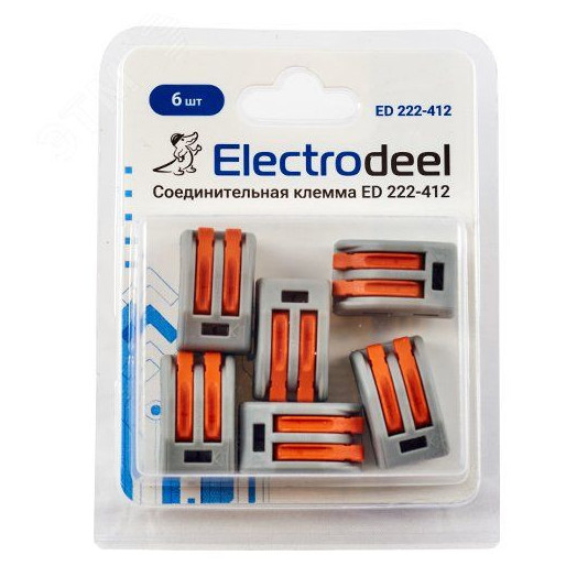 Клемма соединительная  2-контактная (6шт) Elеctrodeel. Диапазон сечений 0,08-4,0 мм2. Номинальный ток/напряжение: 32А/400В. Упаковка: блистер.