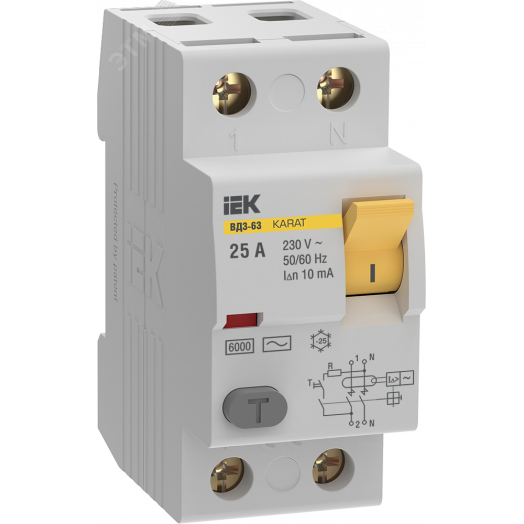 Выключатель дифференциальный (УЗО) KARAT ВД3-63 2P 25А 10мА 6кА тип AC