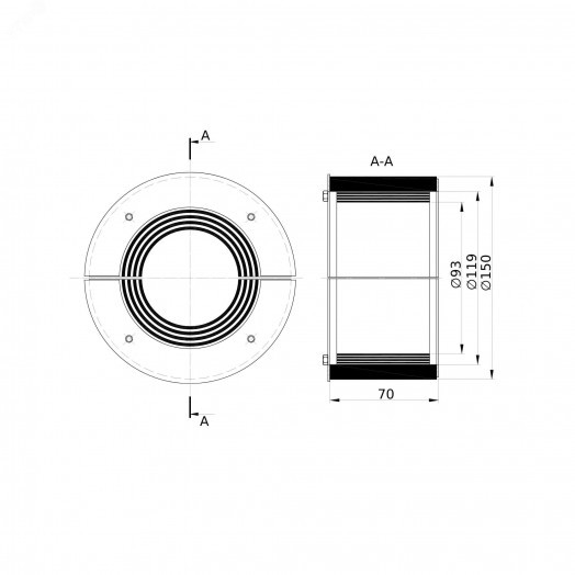 Проходка круглая, нержавеющая, D150х70 мм для     кабелей D = 93-119 мм