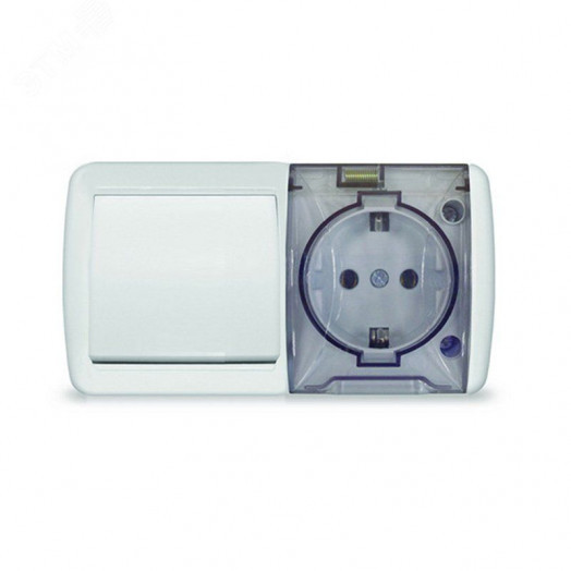 Клио блок наружный горизонтальный: выключатель одноклавишный + розетка однопостовая с прозрачной крышкой, IP54, с/з, 16А, 220В, белый