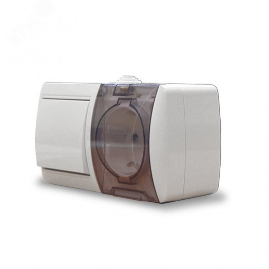 Клио блок наружный горизонтальный: выключатель одноклавишный + розетка однопостовая с прозрачной крышкой, IP54, с/з, 16А, 220В, белый