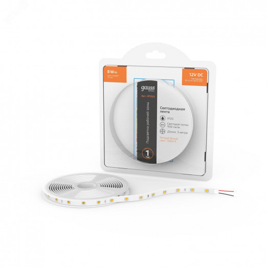 Лента светодиодная LED 5050/60-SMD 8 Вт/м 900 Лм/м 3000К теплый белый IP20 12 В DC 10 мм (катушка 3 м) Basic Gauss