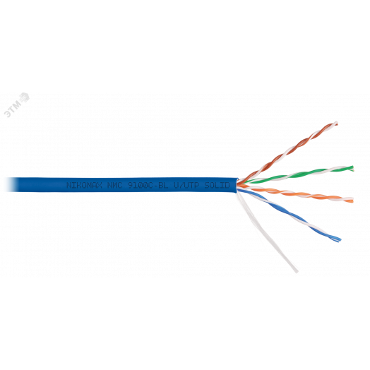 Кабель U/UTP 4 пары, Кат.5e (Класс D), тест по ISO/IEC, 100МГц, одножильный, BC (чистая медь), 24AWG (0,52мм), полимерный материал нг(А)-HF, внутренний, синий, 305м