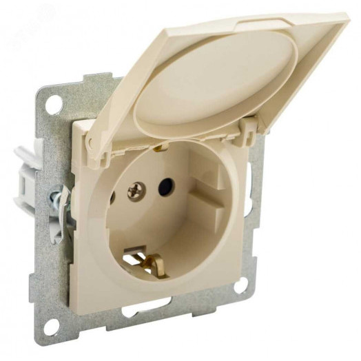 GUSI Ugra МЕХАНИЗМ Розетки одинарной с заземлением с защитной шторкой и крышкой, в комплекте с кожухом IP44 К502, скрытая установка, 16А, 250В. Цвет шампань