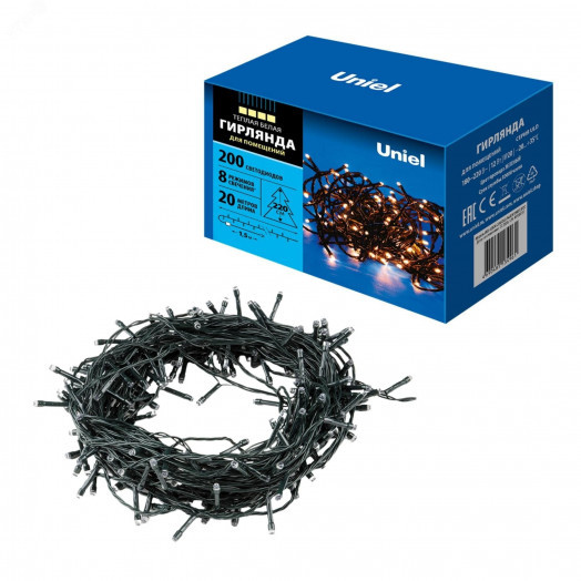 Гирлянда светодиодная 20м 200 светодиодов Теплый белый свет Провод зеленый ULD-S2000-200/DGA WARM WHITE IP20