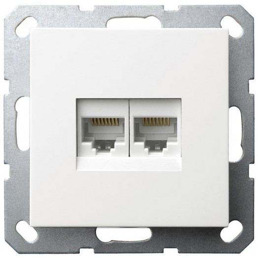 Интернет-розетка RJ45 двойная с накладкой, цвет белый глянцевый