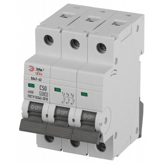 Выключатель автоматический ВА47-63 3P 50А кривая C 4,5кА PRO VA63-3P50C4.5 ЭРА