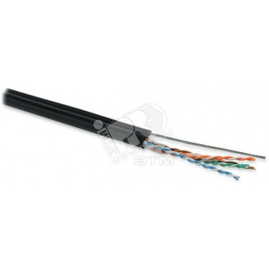 Кабель витая пара. неэкранированная U/UTP. категория 5e. 4 пары (24 AWG). одножильный (solid). с усиленным металлическим тросом. внешний. PE. -40C-+60C. черный (500 м)