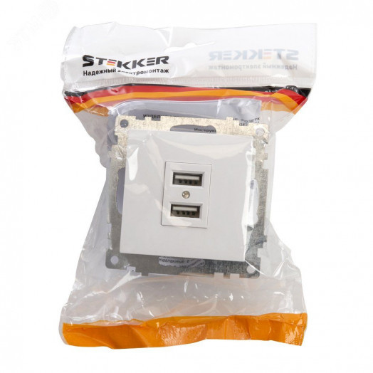 Розетка 2-местная USB (механизм), 250B, 2,4А, серия Катрин, белый Stekker