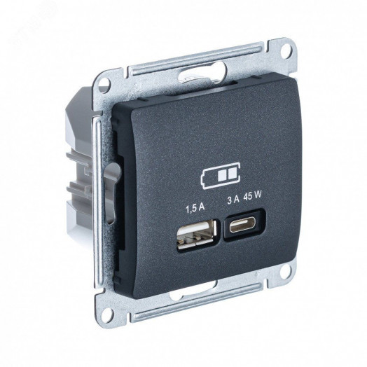 GLOSSA USB РОЗЕТКА A + тип-C 45W высокоскор.заряд. QC, PD, механизм, АНТРАЦИТ