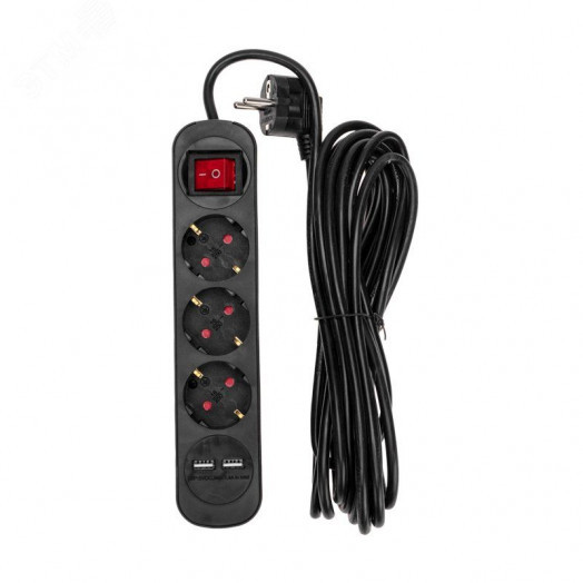 Удлинитель STANDARD 3 гнезда, 5 м, 3х1,0 мм2, с/з, с выключателем, 2 USB, черный