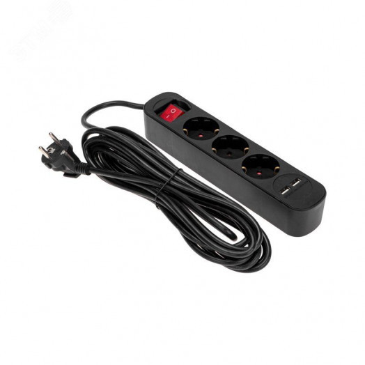 Удлинитель STANDARD 3 гнезда, 5 м, 3х1,0 мм2, с/з, с выключателем, 2 USB, черный