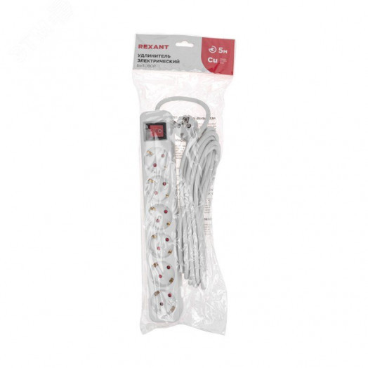 Удлинитель STANDARD 6 гнезд, 5 м, 3х1,0 мм2, с/з, с выключателем, белый