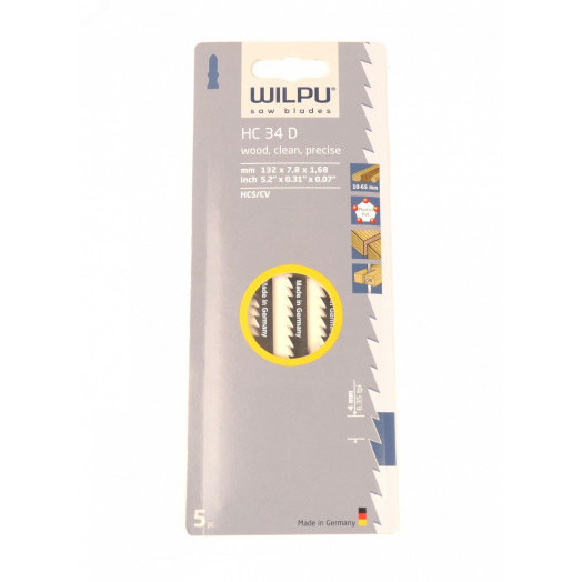 Пилка для лобзика HC 34 D х5шт/уп для дерева, клееного дерева до 65мм, пластмассы (прямой, чистый рез)