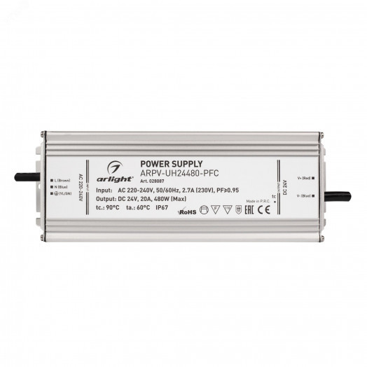 Блок питания ARPV-UH24480-PFC (24V, 20A, 480W) (ARL, IP67 Металл, 7 лет)