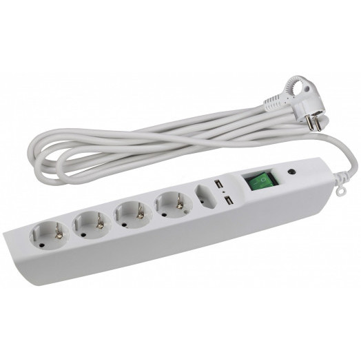 Сетевой фильтр (белый) с заземл, 3x0.75мм2, со шт, с выкл, 5гн+2xUSB, 2м, кор (20/200) SFU-5es-2 м-W